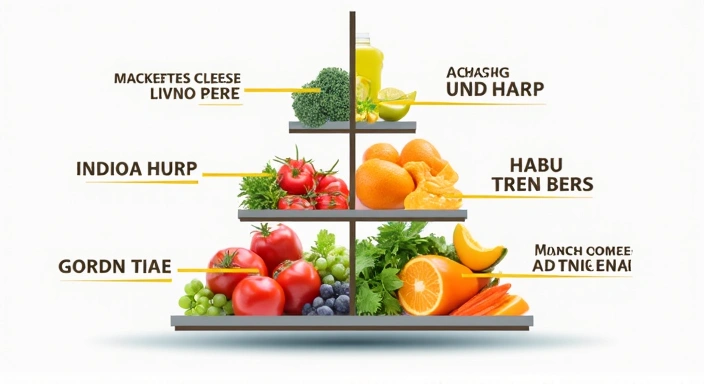 Gráfico mostrando la pirámide nutricional con alimentos saludables