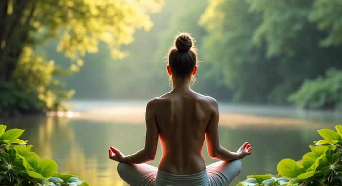 Persona meditando rodeada de elementos naturales, simbolizando bienestar