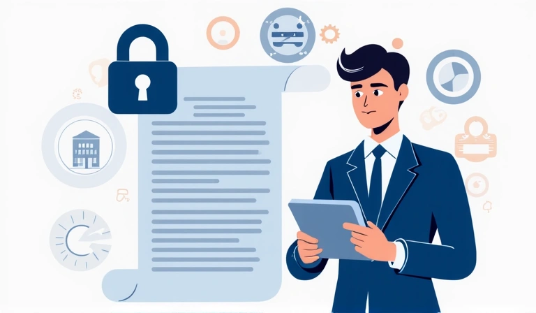 Ilustración de una persona leyendo una política de privacidad en una tableta, con un candado y símbolos de seguridad.