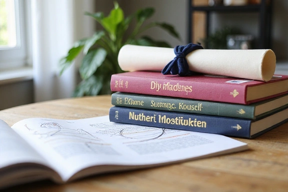 Diplomas y libros de nutrición apilados en un escritorio, simbolizando educación continua.