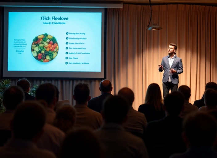 Nutricionista dando una presentación en una conferencia sobre bienestar y alimentación.